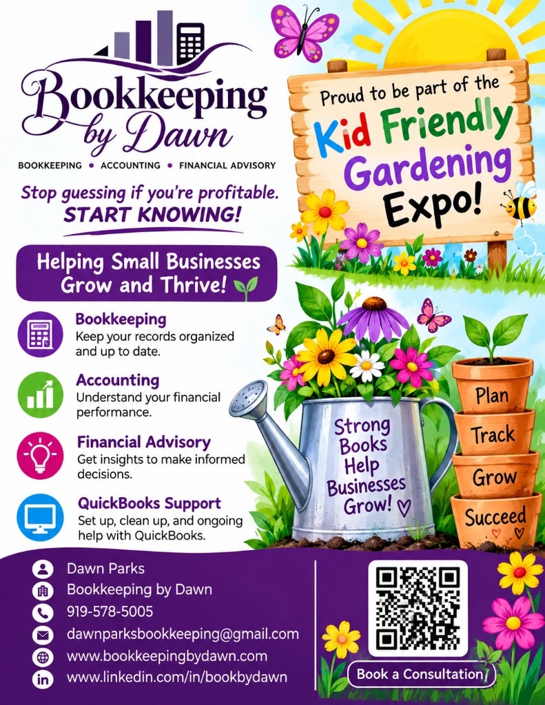 Kid Friendly Gardening Expo — Bookkeeping by Dawn event flyer